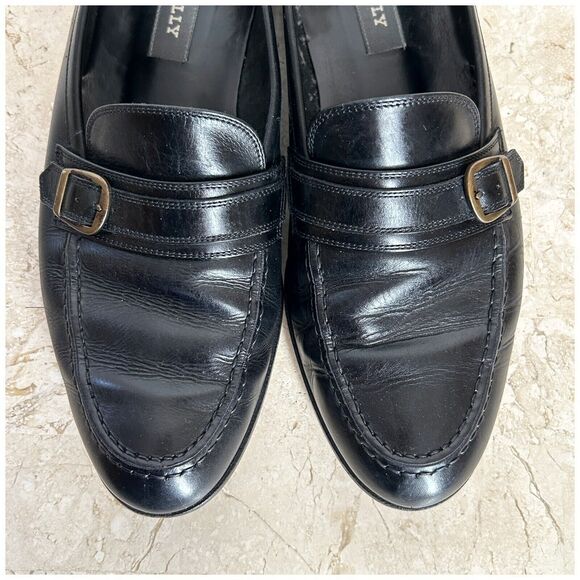 Bally Mens Dress Shoes 9.5 D Black Leather Loafers Slip On Strap Buckle ITALY main image 9